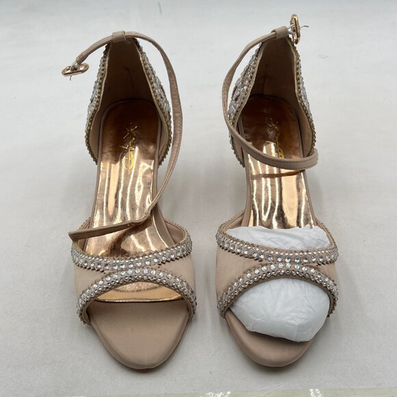 XYD Champagne Peep Toe D'Orsay Kitten Heel Rhinestone Studs Ankle Strap Sandal - Picture 3 of 8